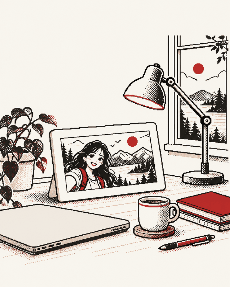 Pixel illustration of a photo frame on a quiet desk